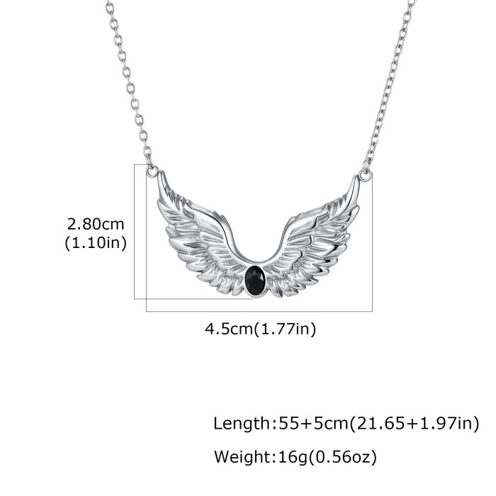 Wholesale Stainless Steel Black Zircon Feather Wing Necklace