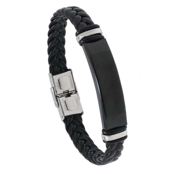 Wholesale Men's Braided Leather Stainless Steel Engravable ID Bracelet