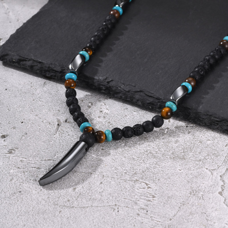 Wholesale Tribal Style Men's Natural Stone Beaded Tusk Pendant Necklace
