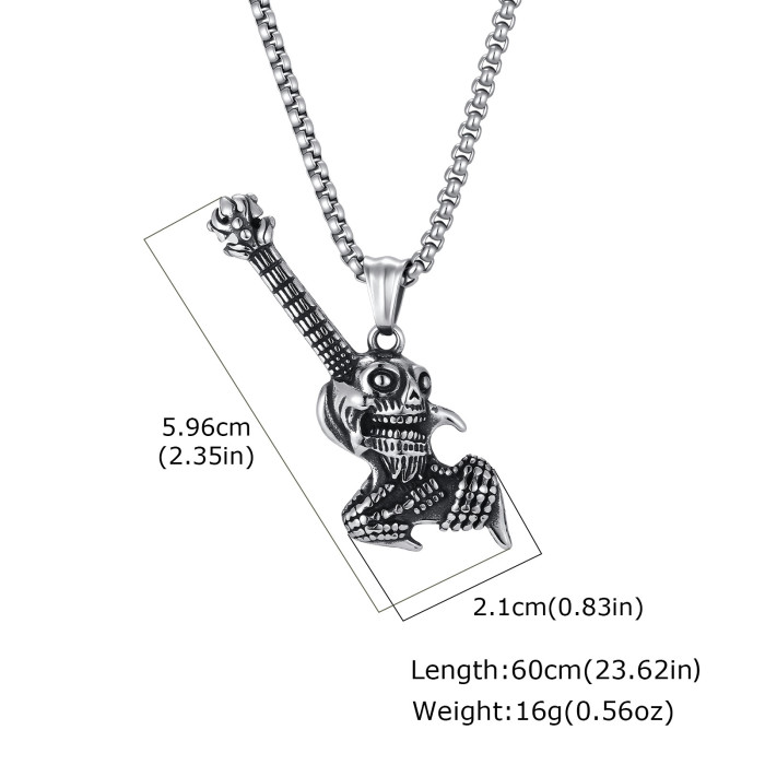 Wholesale Stainless Steel Skull Guitar Rock Pendant Necklace