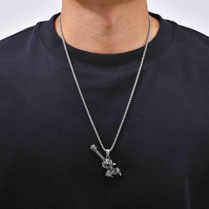Wholesale Stainless Steel Skull Guitar Rock Pendant Necklace