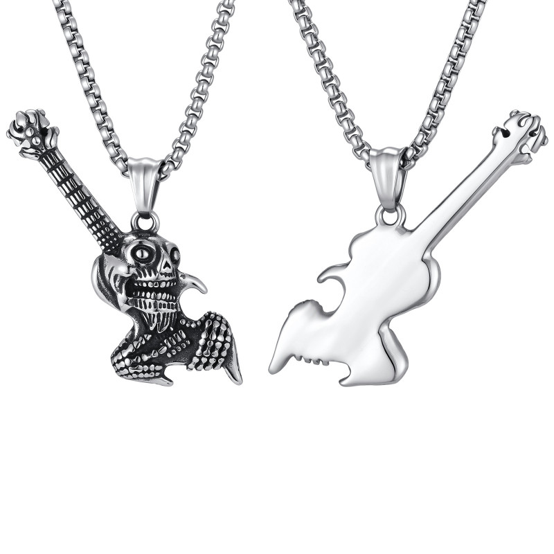 Wholesale Stainless Steel Skull Guitar Rock Pendant Necklace
