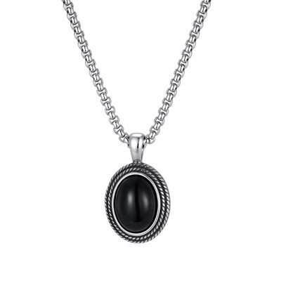 Wholesale Stainless Steel Oval Black Agate Pendant