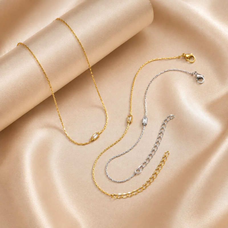 Wholesale Stainless Steel Baguette CZ Station Chain Jewelry Set