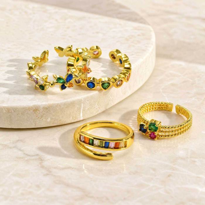 Wholesale Women's Brass Gold Plated Colorful CZ Open Rings