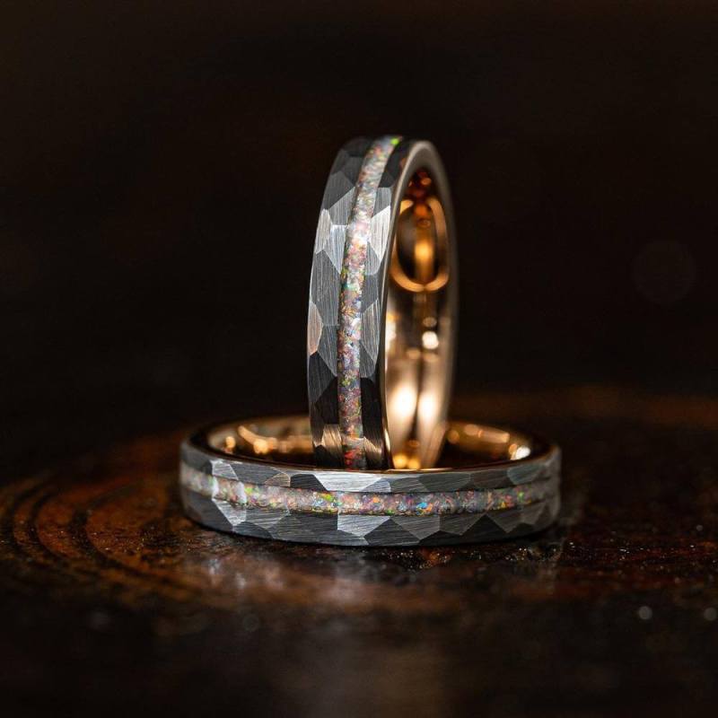 Wholesale 6mm Rose Gold Tungsten Carbide Hammered Opal Inlay Wedding Band