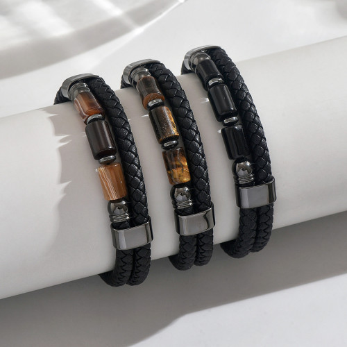 Wholesale Men's Black Braided Leather Cylinder Stone Bracelet