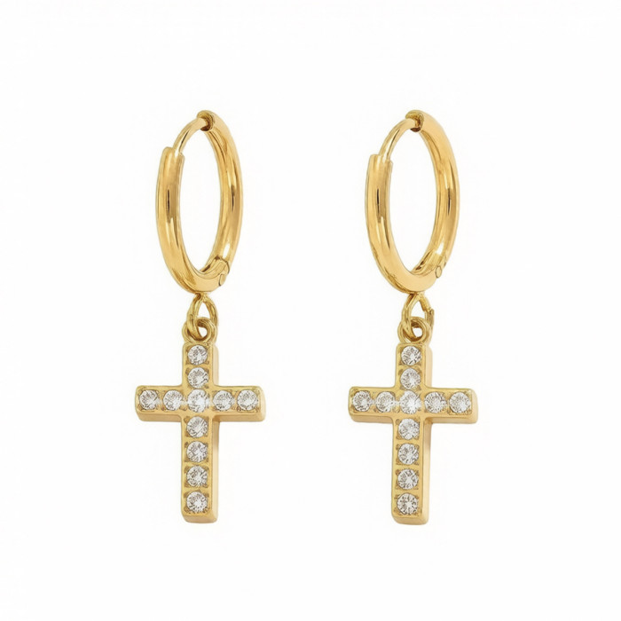 Wholesale Stainless Steel CZ Cross Charm Hoop Earrings
