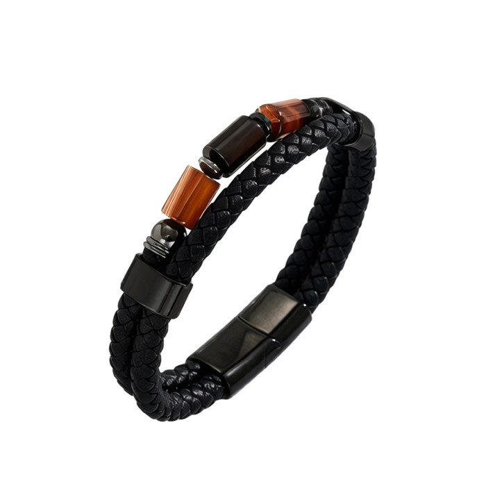 Wholesale Men's Black Braided Leather Cylinder Stone Bracelet