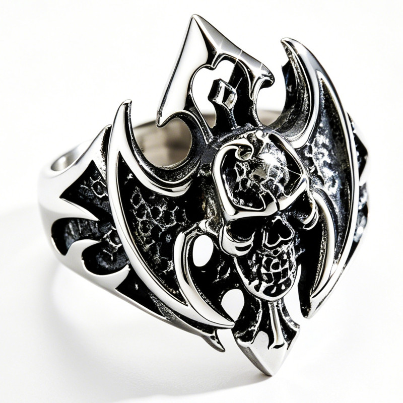 Wholesale Men's Stainless Steel Gothic Skull Bat Wings Ring