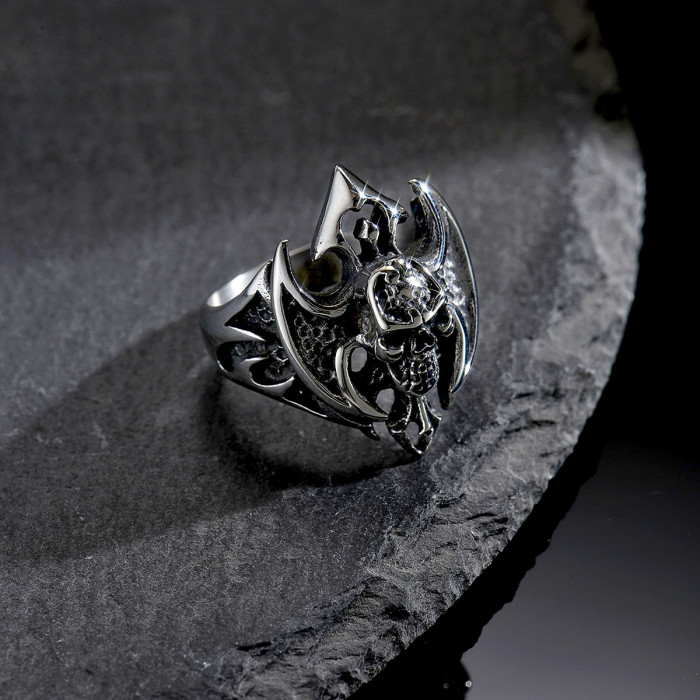 Wholesale Men's Stainless Steel Gothic Skull Bat Wings Ring