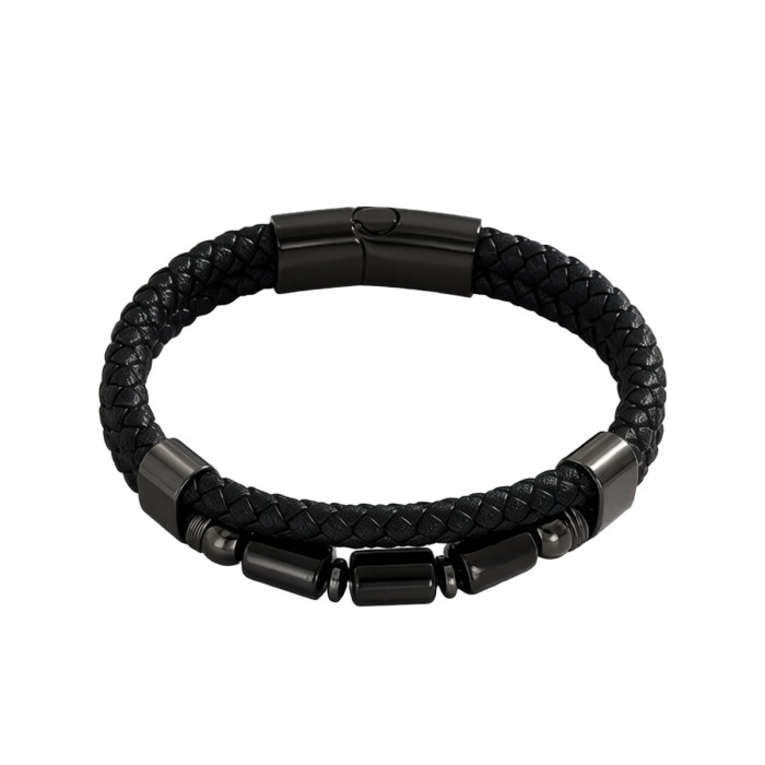 Wholesale Men's Black Braided Leather Cylinder Stone Bracelet