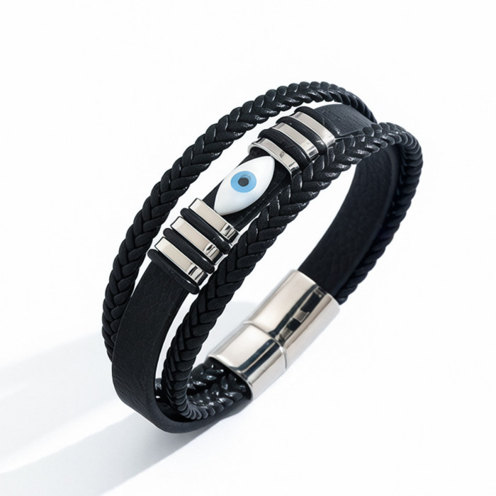 Wholesale Men's Black Braided Leather Evil Eye Bracelet