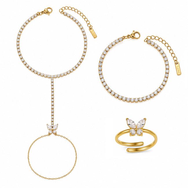 Wholesale Stainless Steel Crystal Butterfly Hand Chain Set
