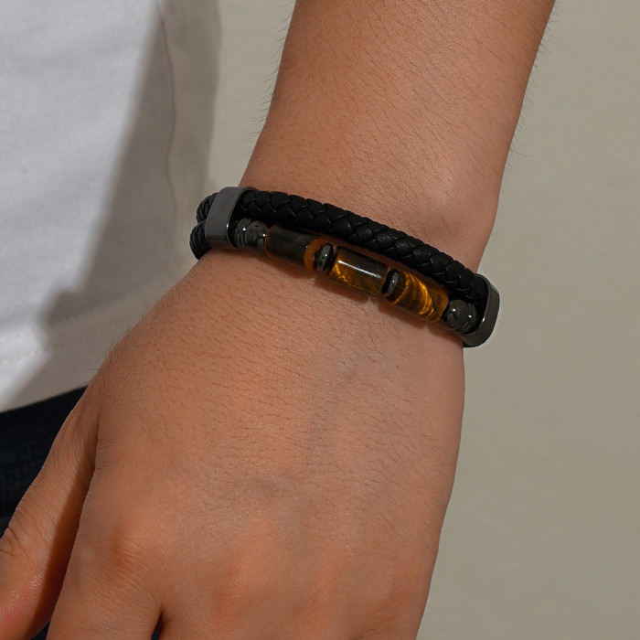 Wholesale Men's Black Braided Leather Cylinder Stone Bracelet