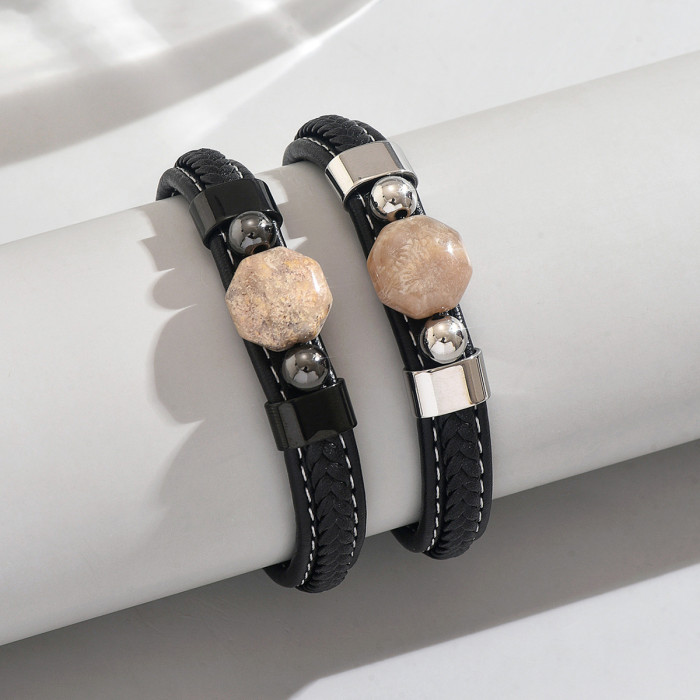 Wholesale Men's Black Braided Leather Natural Raw Stone Bracelet