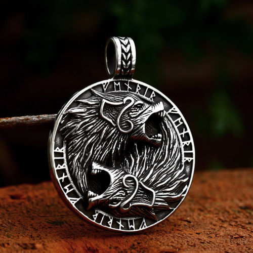 Wholesale Men's Stainless Steel Viking Twin Wolves Rune Medallion Pendant Necklace