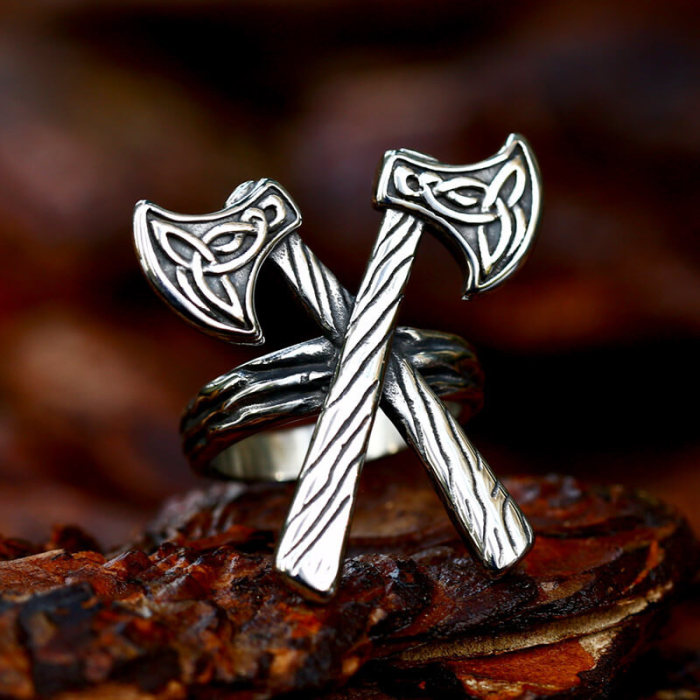 Wholesale Men's Stainless Steel Vintage Crossed Viking Axes Ring