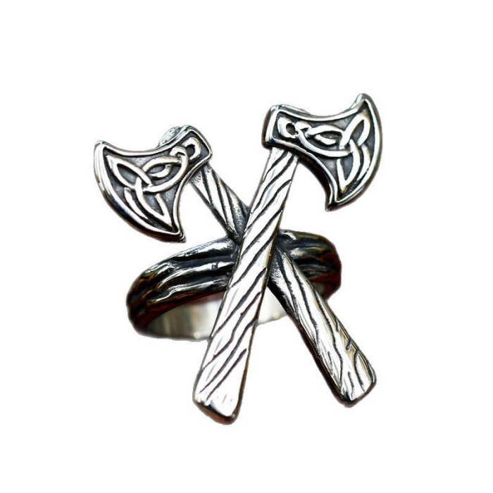 Wholesale Men's Stainless Steel Vintage Crossed Viking Axes Ring