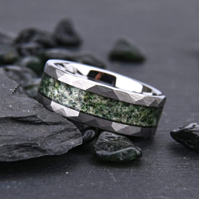 Wholesale 8mm Hammered Tungsten Carbide Moss Inlay Ring