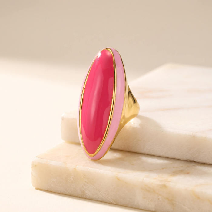 Wholesale Stainless Steel Pink Enamel Marquise Statement Ring