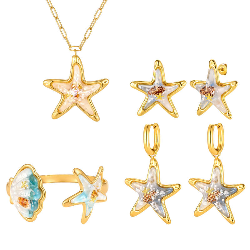 Wholesale Waterproof Stainless Steel Resin Sea Star Shell Jewelry Set