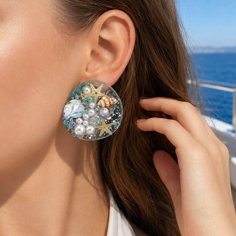 Wholesale Women's Beach Resin Starfish Shell Pearl Stud Earrings
