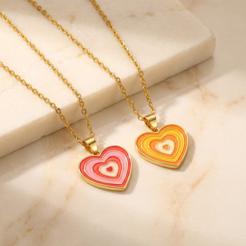 Wholesale Trendy Multi-Layer Concentric Gradient Enamel Heart Pendant Necklace