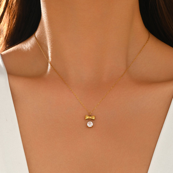 Wholesale Stainless Steel Bowknot CZ Pendant Necklace