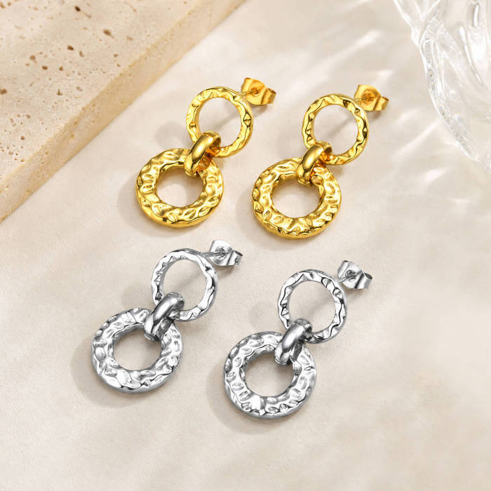 Wholesale Stainless Steel Hammered Double Circle Drop Earrings