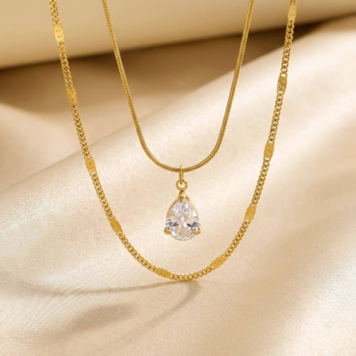 Wholesale Stainless Steel Layered Teardrop Zircon Necklace