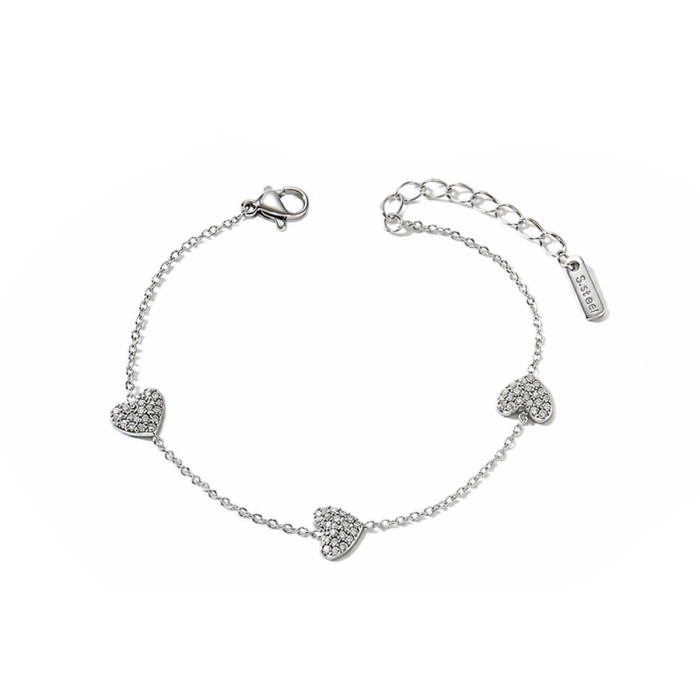 Wholesale Stainless Steel Pave CZ Triple Heart Bracelet