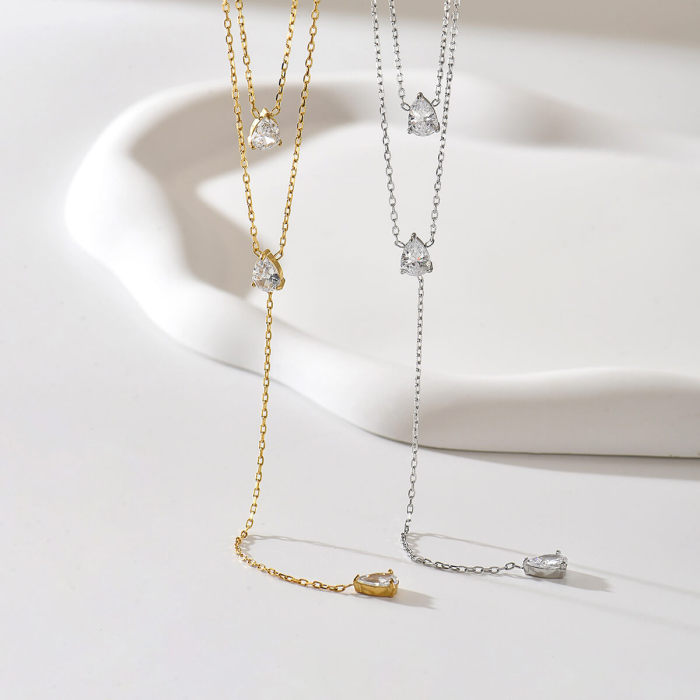 Wholesale Stainless Steel Layered Teardrop CZ Necklace