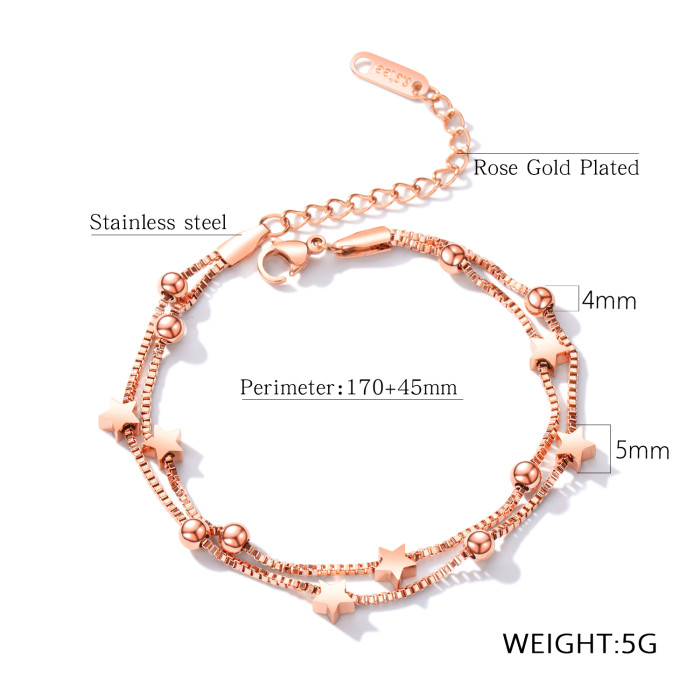 Wholesale Stainless Steel Double Layered Star & Bead Box Chain Bracelet
