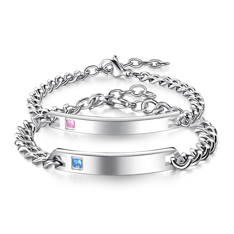 Wholesale Stainless Steel Bar CZ Curb Chain Couple Bracelet