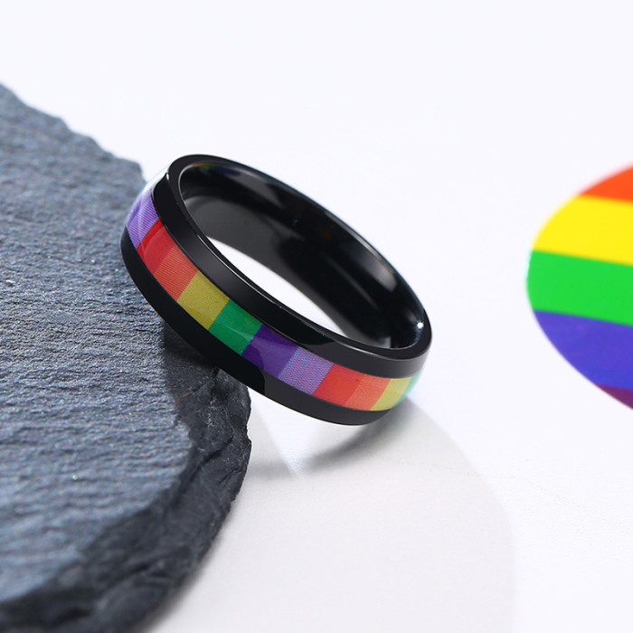 Wholesale Stainless Steel Rainbow Flag Band Ring
