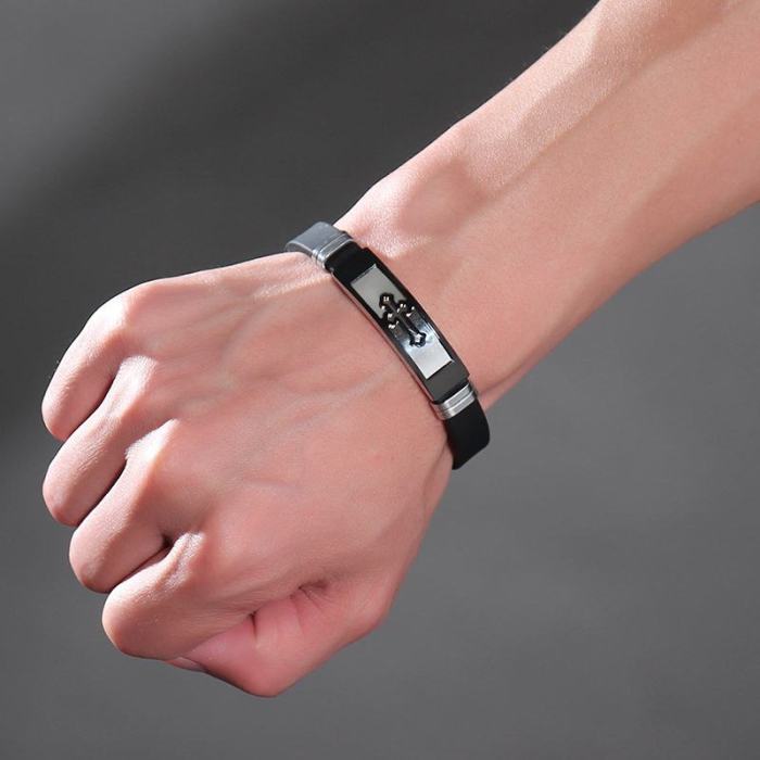 Wholesale Stainless Steel Cross Black Silicone Bracelet