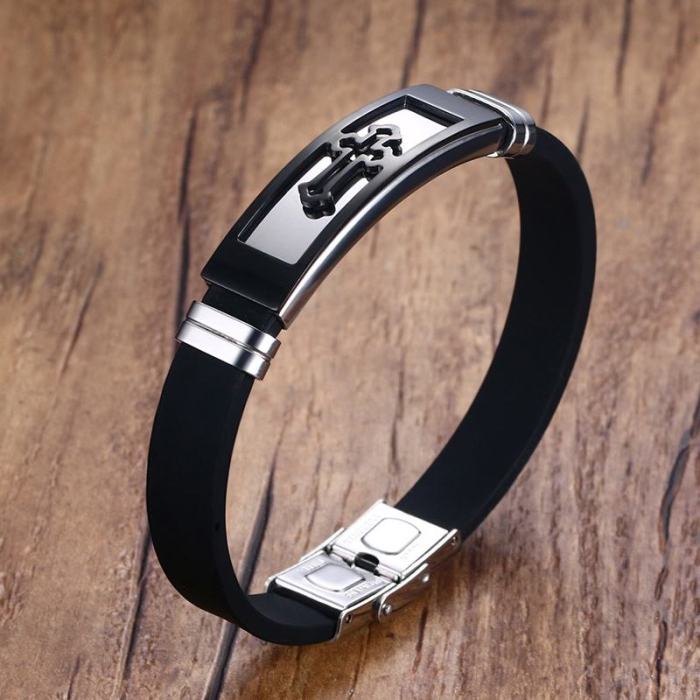 Wholesale Stainless Steel Cross Black Silicone Bracelet