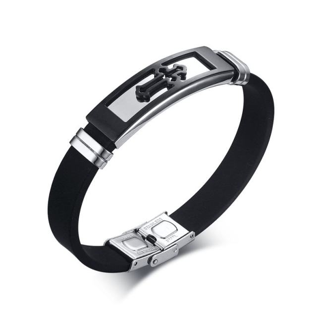 Wholesale Stainless Steel Cross Black Silicone Bracelet