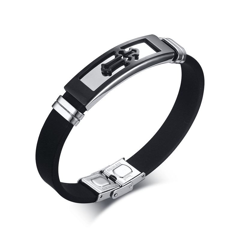 Wholesale Stainless Steel Cross Black Silicone Bracelet