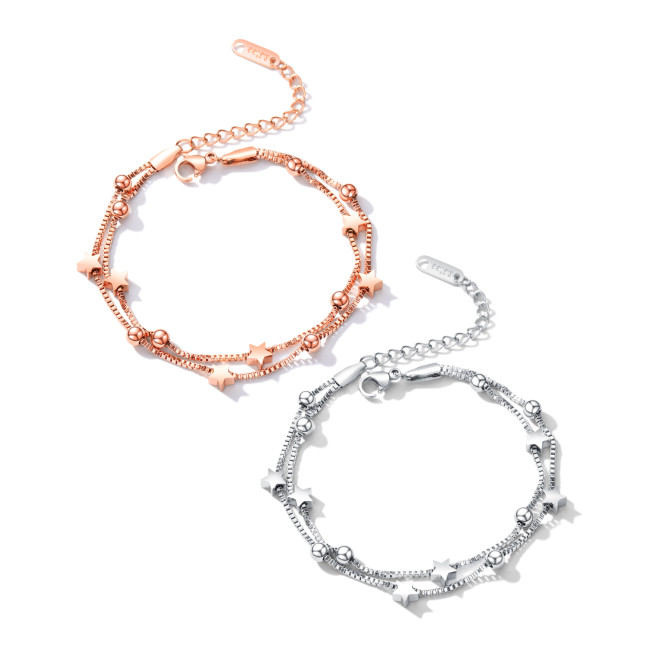 Wholesale Stainless Steel Double Layered Star & Bead Box Chain Bracelet