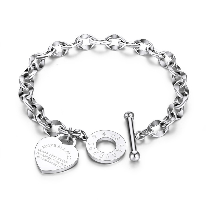 Wholesale Stainless Steel Bible Verse Heart Tag Toggle Bracelet