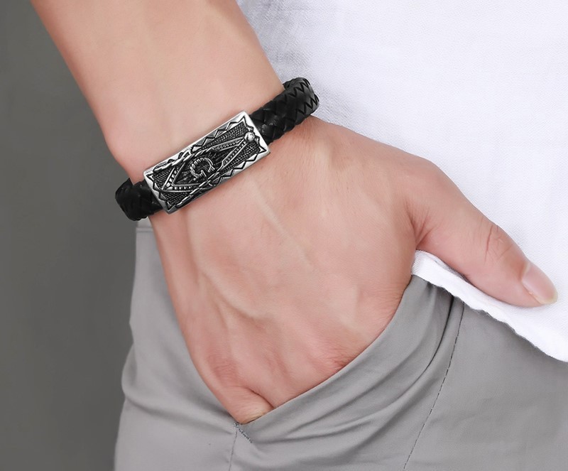Wholesale Stainless Steel Masonic Leather Bracelet