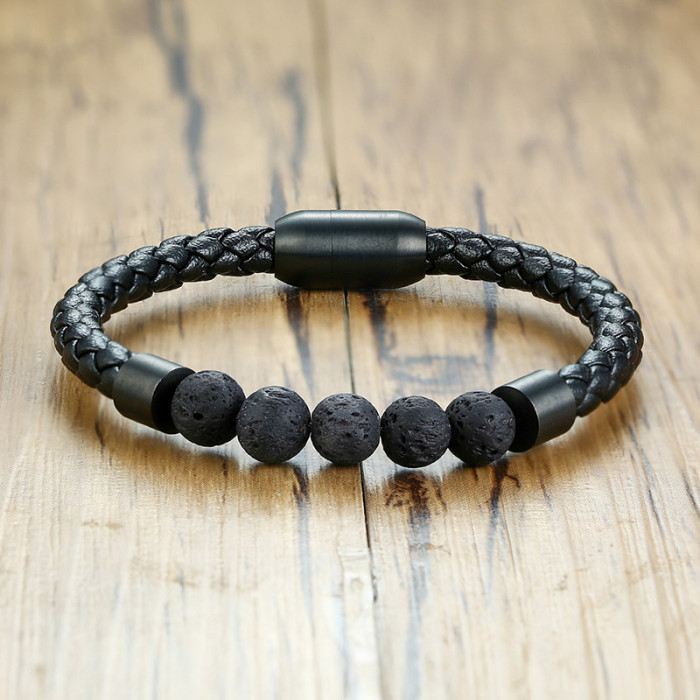 Wholesale Lava stone Braided Rope Leather Bracelet for Men