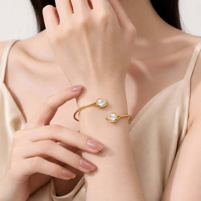 Wholesale Stainless Steel CZ Teardrop Open Bangle