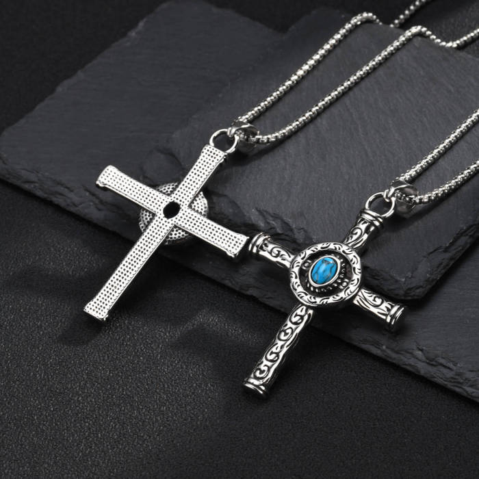 Wholesale Stainless Steel Antique Faux Turquoise Cross Pendant Necklace