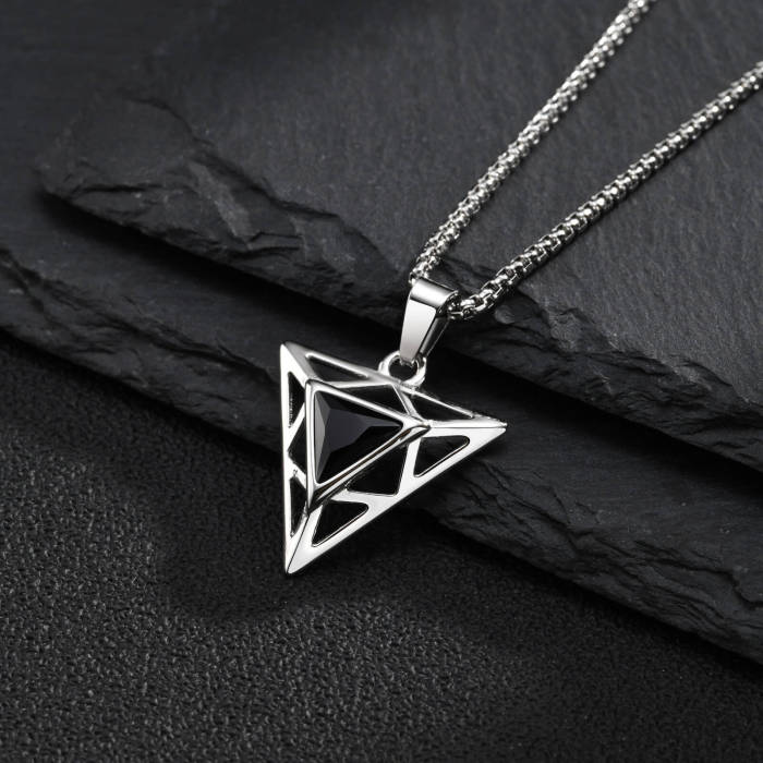 Wholesale Stainless Steel Geometric Triangle Black CZ Pendant Necklace