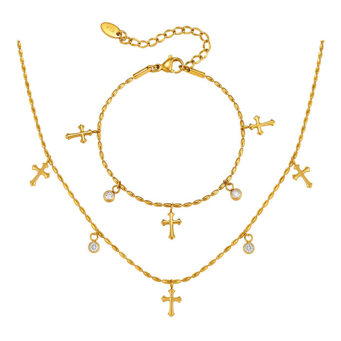 Wholesale Gold Stainless Steel CZ Cross Charm Necklace and Bracelet