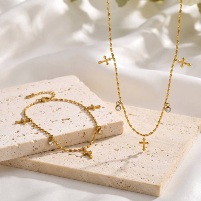 Wholesale Gold Stainless Steel CZ Cross Charm Necklace and Bracelet
