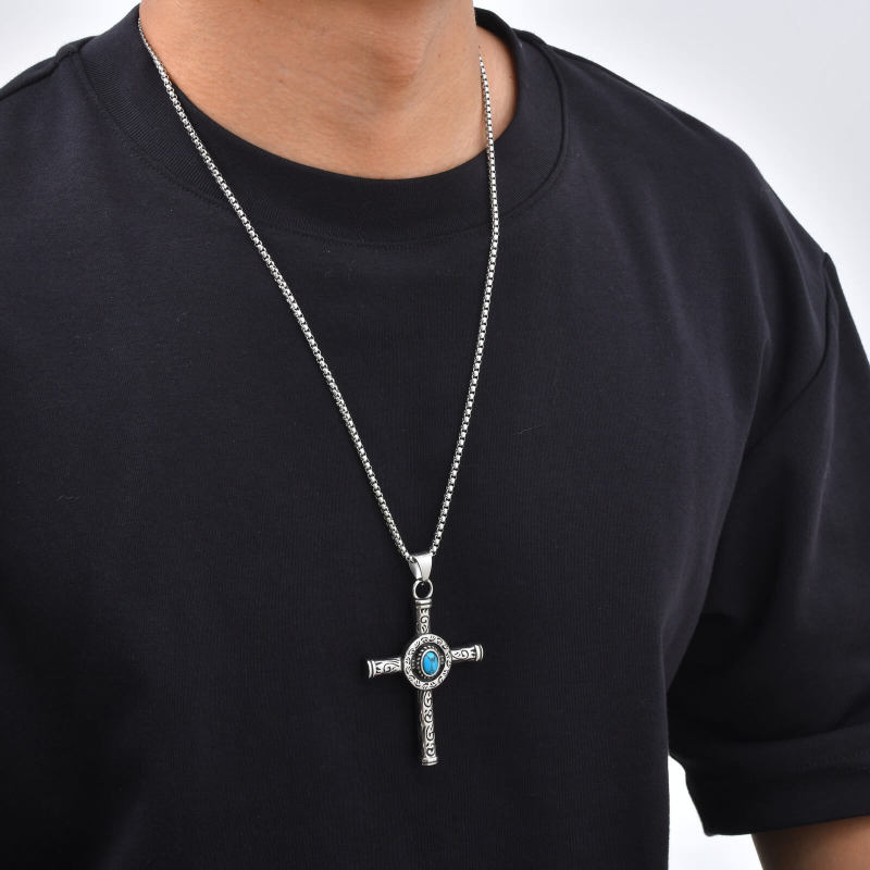 Wholesale Stainless Steel Antique Faux Turquoise Cross Pendant Necklace